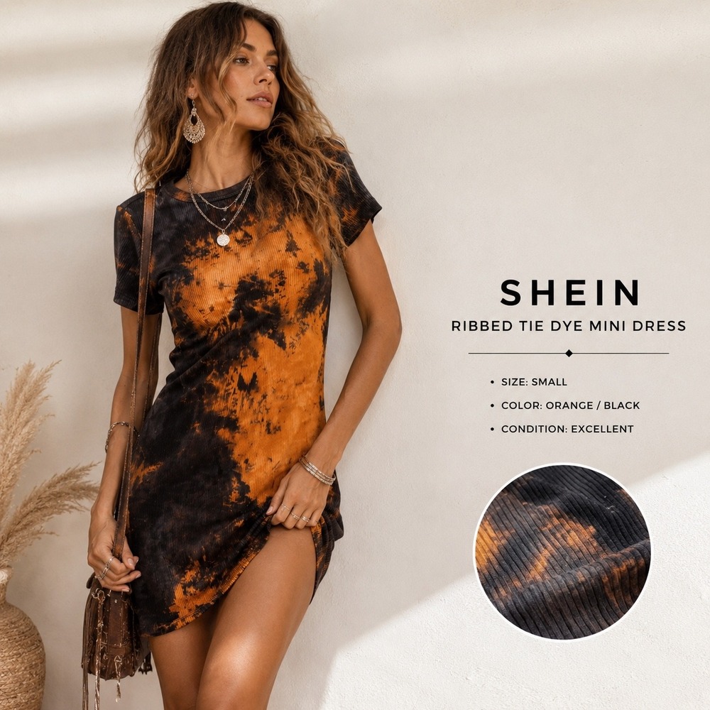 SHEIN Orange Black Tie Dye Ribbed Mini Dress Womens XL Short Sleeve Crew Neck